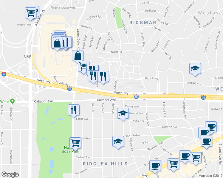 map of restaurants, bars, coffee shops, grocery stores, and more near 6530 West Freeway in Fort Worth