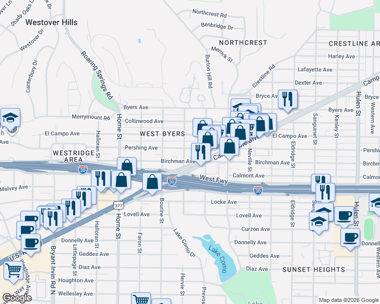 map of restaurants, bars, coffee shops, grocery stores, and more near 5400 Hervie Street in Fort Worth