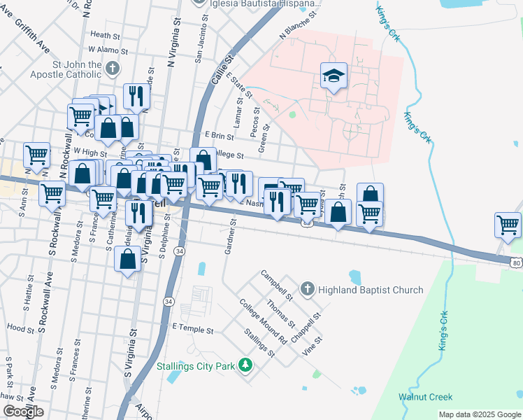 map of restaurants, bars, coffee shops, grocery stores, and more near 711 East Nash Street in Terrell