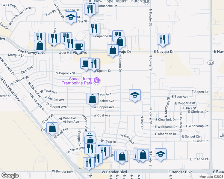 map of restaurants, bars, coffee shops, grocery stores, and more near 501 West Kiowa Avenue in Hobbs