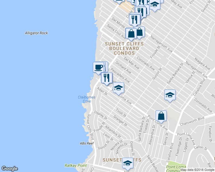 map of restaurants, bars, coffee shops, grocery stores, and more near 4736 Point Loma Avenue in San Diego