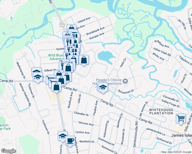 map of restaurants, bars, coffee shops, grocery stores, and more near 49 Meander Row in Charleston