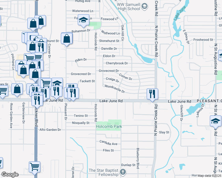 map of restaurants, bars, coffee shops, grocery stores, and more near 8627 Woodcastle Drive in Dallas