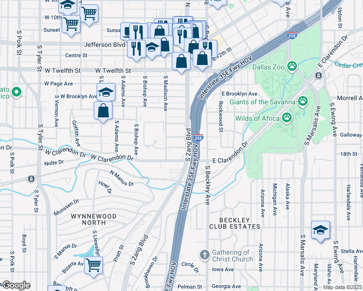 map of restaurants, bars, coffee shops, grocery stores, and more near 1005 South Zang Boulevard in Dallas