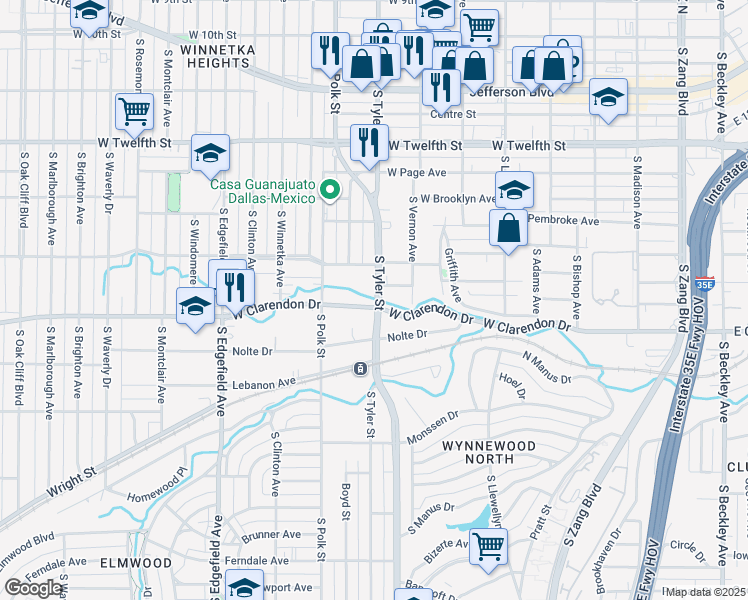 map of restaurants, bars, coffee shops, grocery stores, and more near 1003 West Clarendon Drive in Dallas