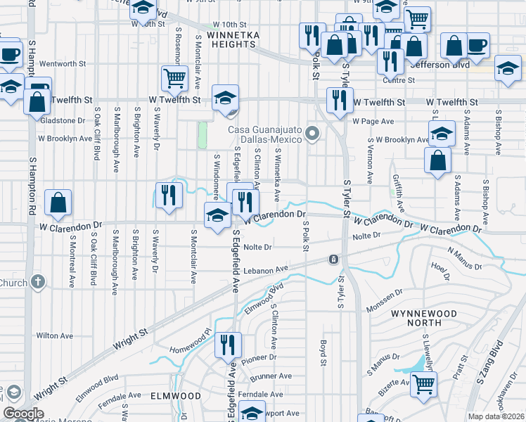 map of restaurants, bars, coffee shops, grocery stores, and more near 1003 South Clinton Avenue in Dallas