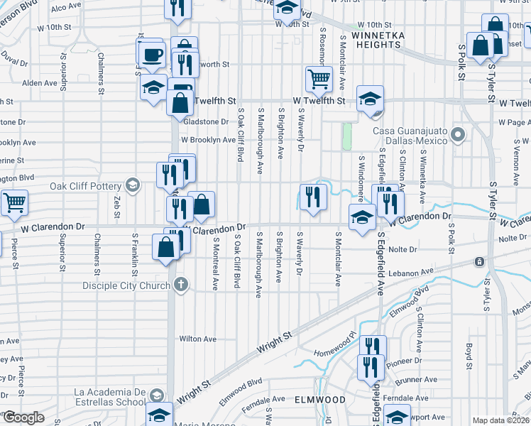 map of restaurants, bars, coffee shops, grocery stores, and more near 929 South Marlborough Avenue in Dallas