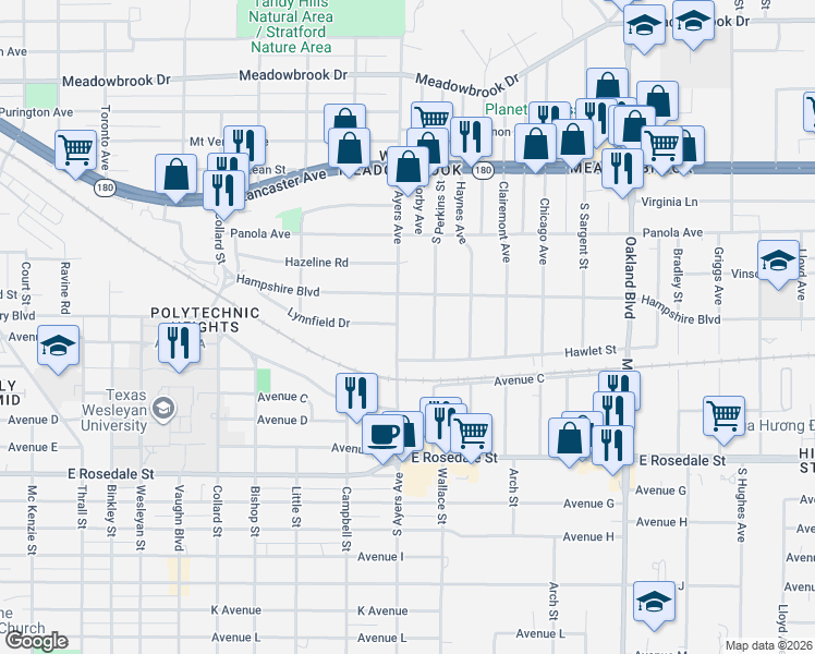 map of restaurants, bars, coffee shops, grocery stores, and more near 821 South Ayers Avenue in Fort Worth