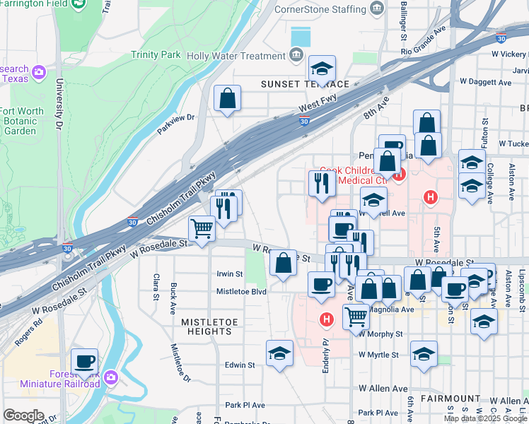 map of restaurants, bars, coffee shops, grocery stores, and more near 850 12th Avenue in Fort Worth