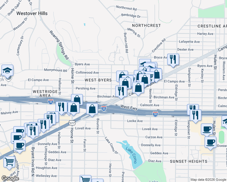 map of restaurants, bars, coffee shops, grocery stores, and more near 5400 Hervie Street in Fort Worth