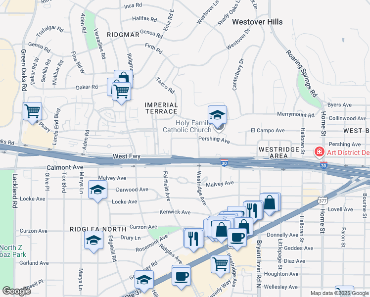 map of restaurants, bars, coffee shops, grocery stores, and more near 6200 Pershing Avenue in Fort Worth