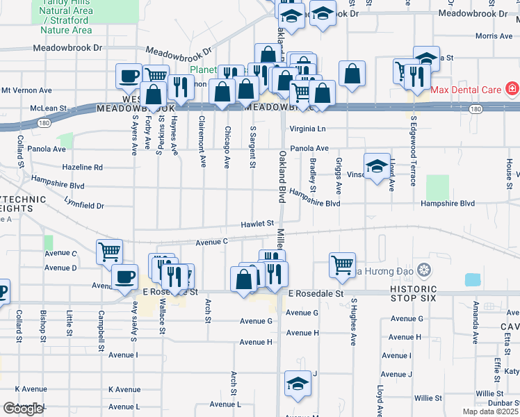 map of restaurants, bars, coffee shops, grocery stores, and more near 811 South Sargent Street in Fort Worth