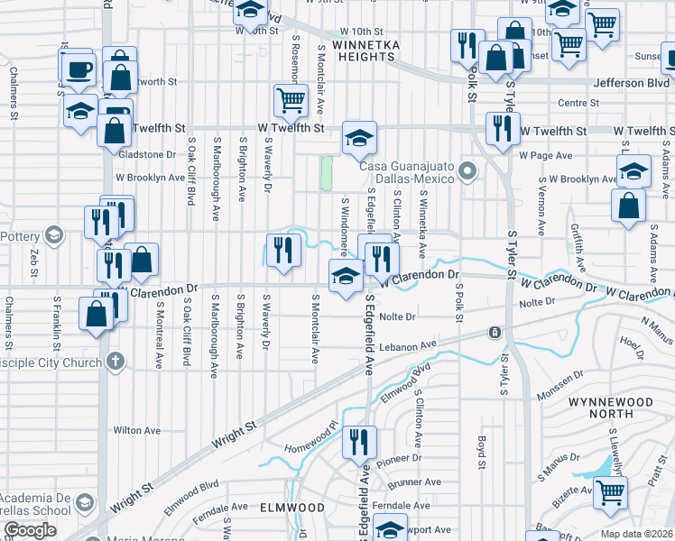 map of restaurants, bars, coffee shops, grocery stores, and more near 1007 South Windomere Avenue in Dallas