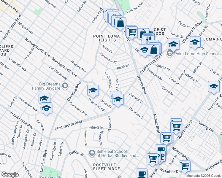 map of restaurants, bars, coffee shops, grocery stores, and more near 3985 La Cresta Drive in San Diego