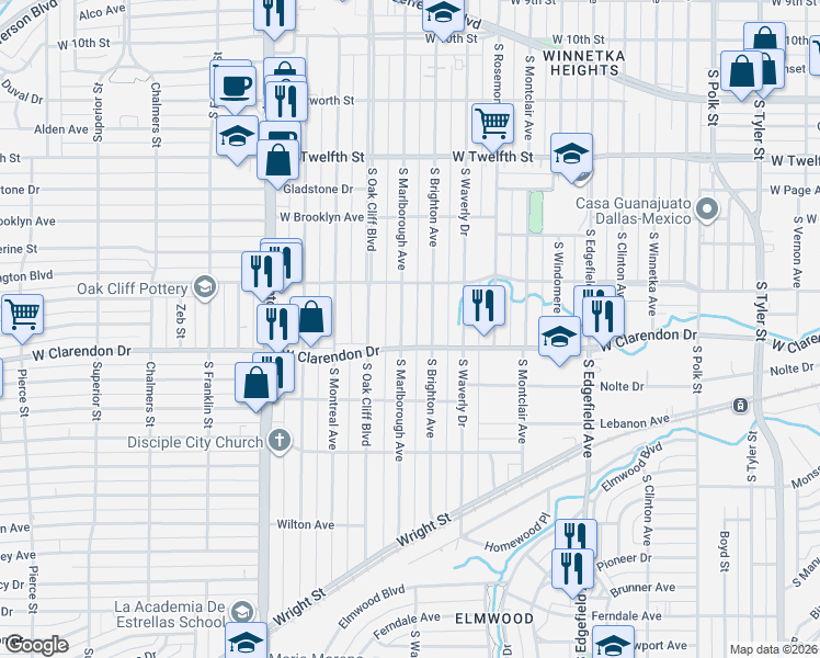 map of restaurants, bars, coffee shops, grocery stores, and more near 929 South Marlborough Avenue in Dallas
