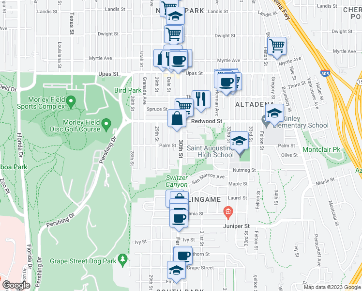 map of restaurants, bars, coffee shops, grocery stores, and more near 30th Street & Palm Street in San Diego