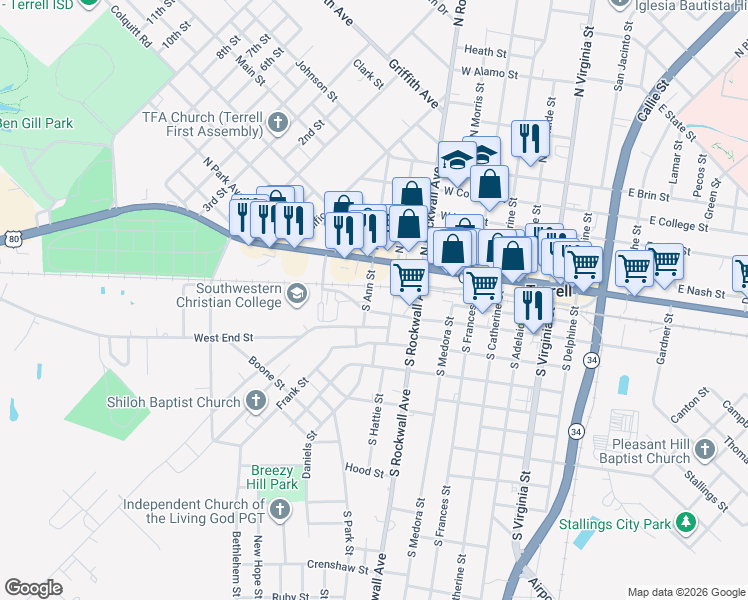 map of restaurants, bars, coffee shops, grocery stores, and more near 202 South Hattie Street in Terrell