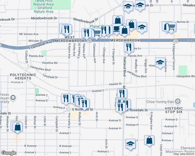 map of restaurants, bars, coffee shops, grocery stores, and more near 4016 Hampshire Boulevard in Fort Worth
