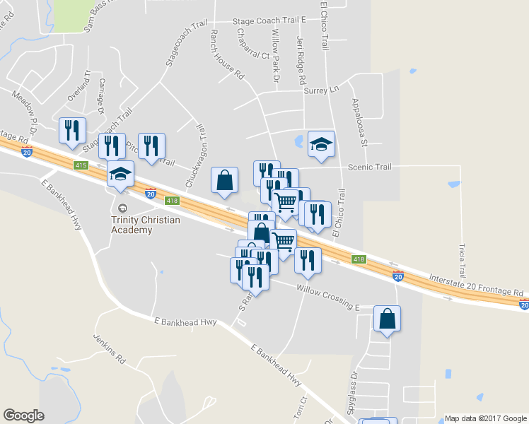 map of restaurants, bars, coffee shops, grocery stores, and more near 4915 East Interstate 20 Service Road South in Willow Park
