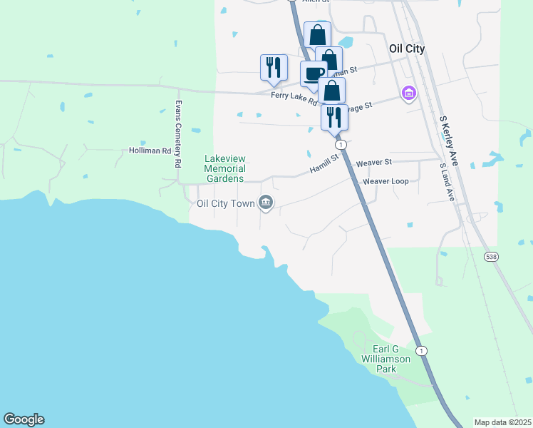 map of restaurants, bars, coffee shops, grocery stores, and more near 527 Roberts Street in Oil City