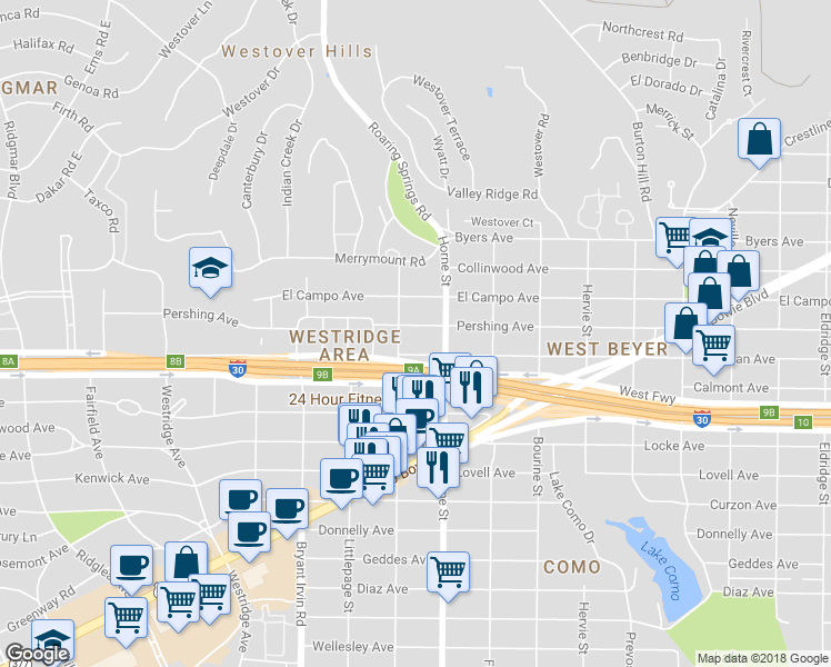 map of restaurants, bars, coffee shops, grocery stores, and more near 5725 Pershing Avenue in Fort Worth