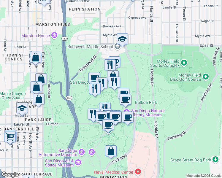 map of restaurants, bars, coffee shops, grocery stores, and more near 2 Front Street in San Diego