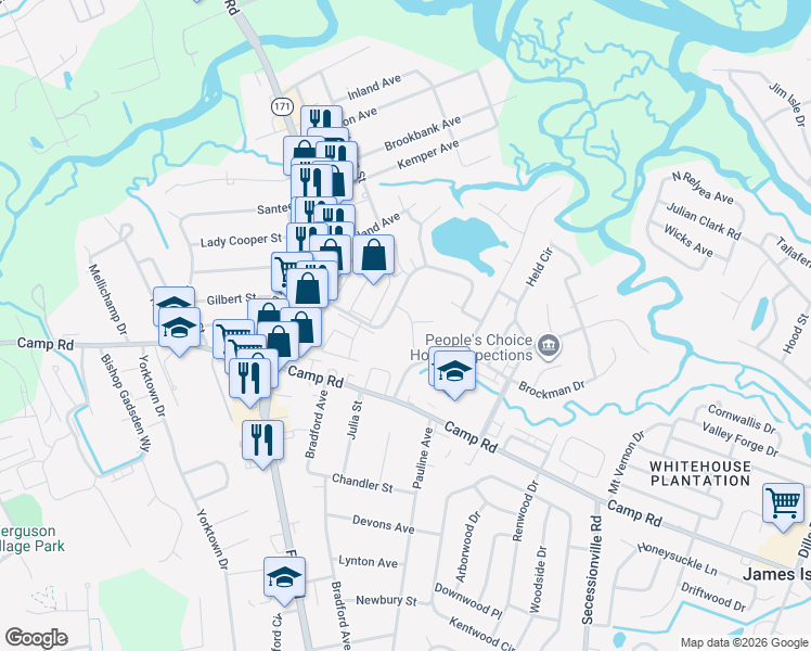 map of restaurants, bars, coffee shops, grocery stores, and more near 36 Meander Row in Charleston