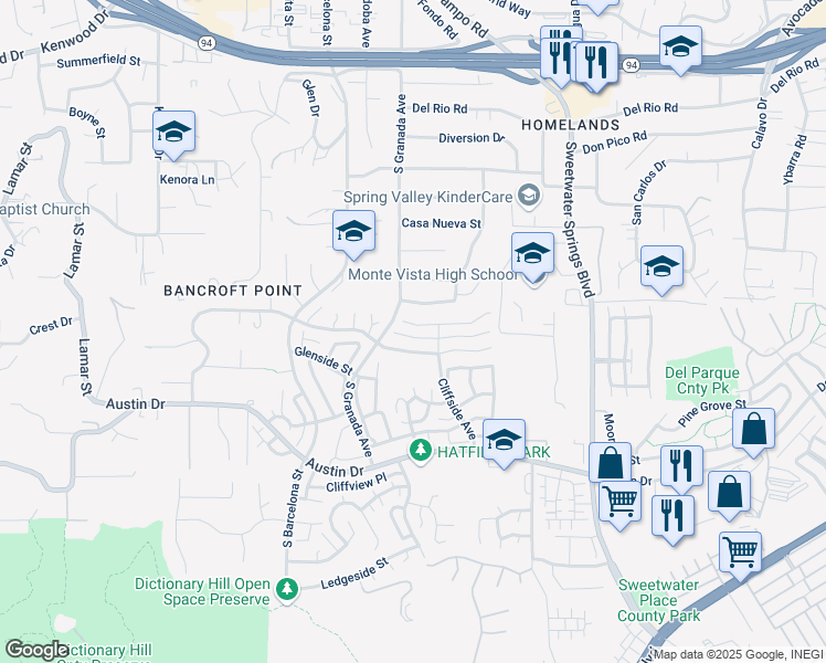 map of restaurants, bars, coffee shops, grocery stores, and more near 10019 Canyonview Court in Spring Valley