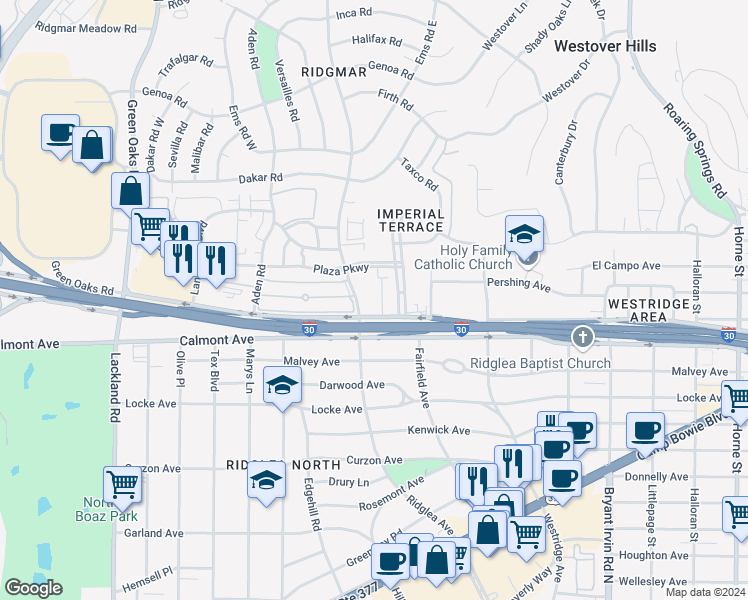 map of restaurants, bars, coffee shops, grocery stores, and more near 2525 Ridgmar Boulevard in Fort Worth