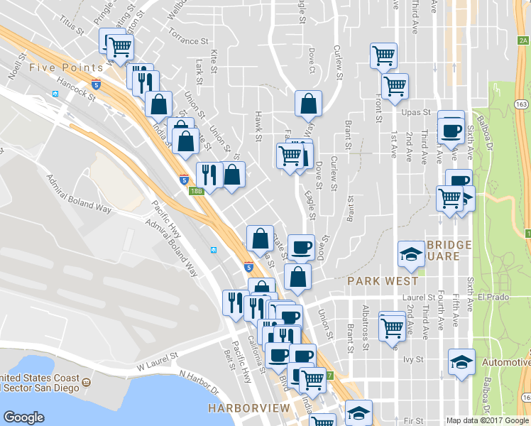 map of restaurants, bars, coffee shops, grocery stores, and more near 3023 State Street in San Diego