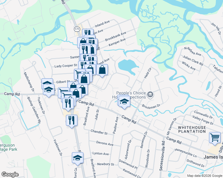 map of restaurants, bars, coffee shops, grocery stores, and more near 49 Meander Row in Charleston