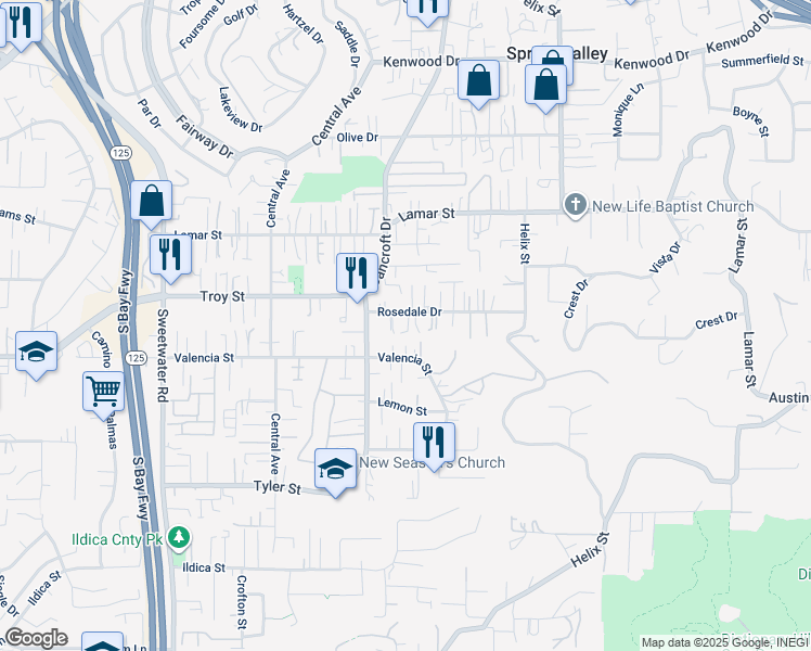 map of restaurants, bars, coffee shops, grocery stores, and more near 9055 Rosedale Drive in Spring Valley