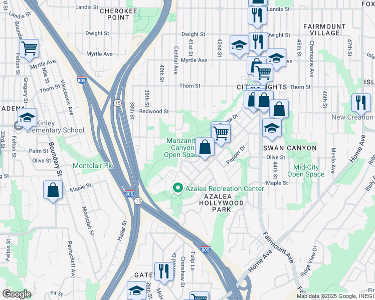 map of restaurants, bars, coffee shops, grocery stores, and more near 4300 Thorn Street in San Diego