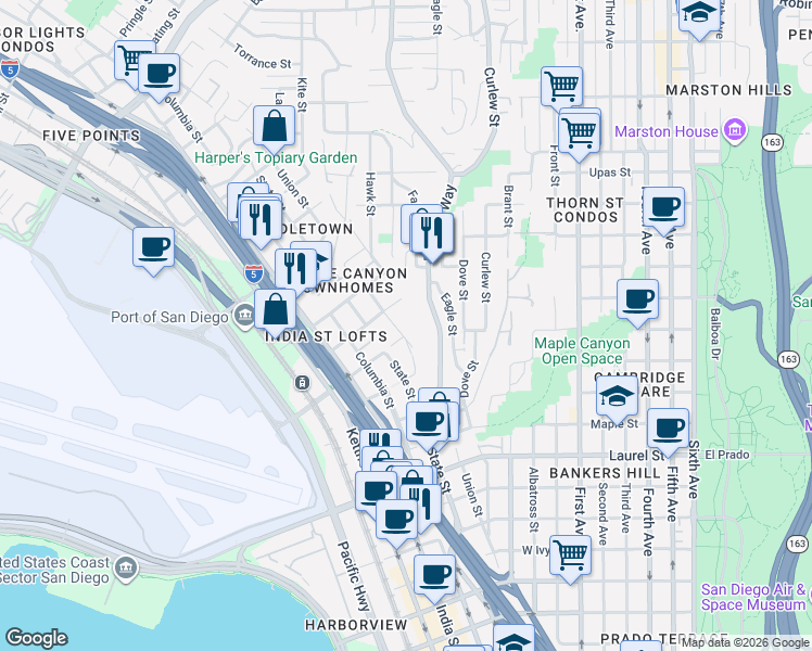 map of restaurants, bars, coffee shops, grocery stores, and more near 2960 Horton Avenue in San Diego