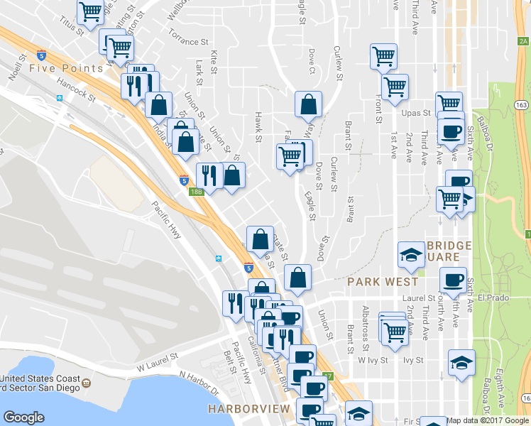map of restaurants, bars, coffee shops, grocery stores, and more near 3023 State Street in San Diego