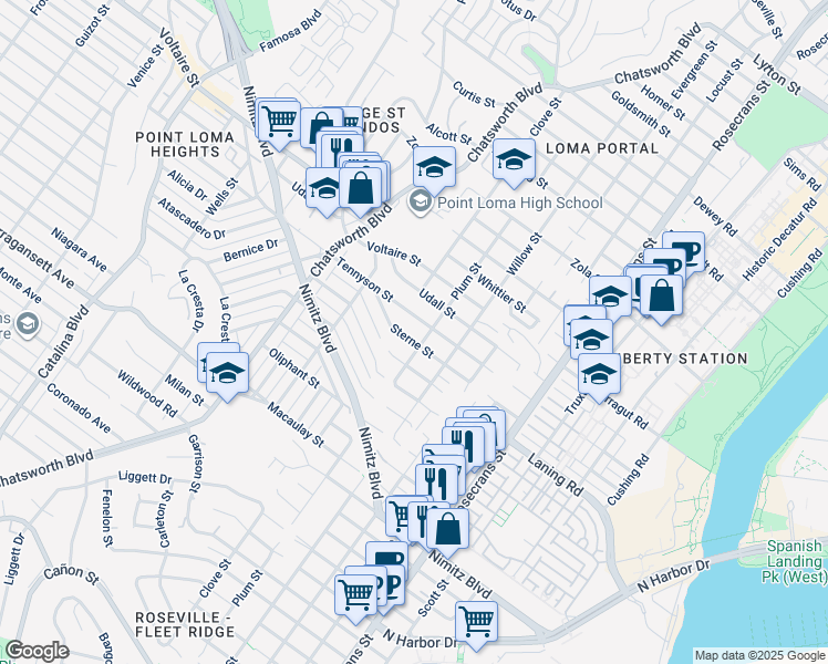 map of restaurants, bars, coffee shops, grocery stores, and more near 3433 Tennyson Street in San Diego