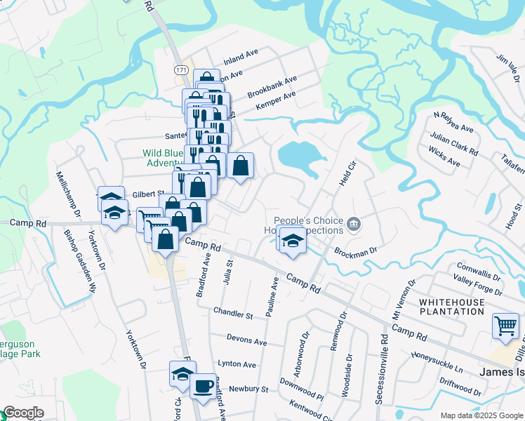 map of restaurants, bars, coffee shops, grocery stores, and more near 49 Meander Row in Charleston