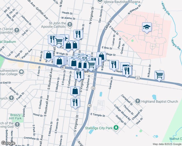 map of restaurants, bars, coffee shops, grocery stores, and more near 313 East Moore Avenue in Terrell