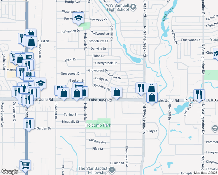 map of restaurants, bars, coffee shops, grocery stores, and more near 8700 Craige Drive in Dallas