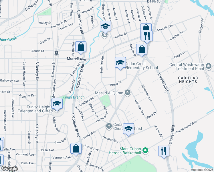 map of restaurants, bars, coffee shops, grocery stores, and more near 2111 Areba Street in Dallas