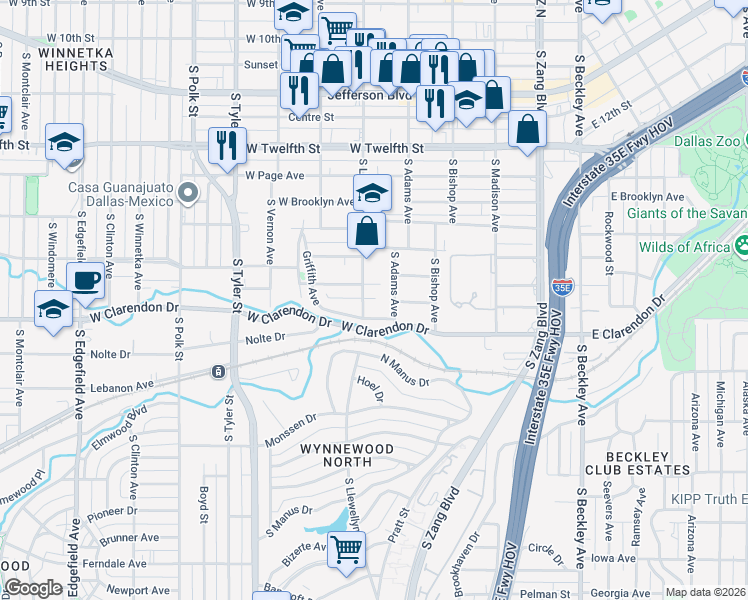 map of restaurants, bars, coffee shops, grocery stores, and more near 1001 South Adams Avenue in Dallas