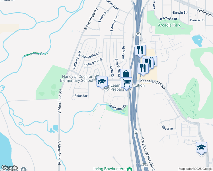 map of restaurants, bars, coffee shops, grocery stores, and more near 5923 Keeneland Parkway in Dallas