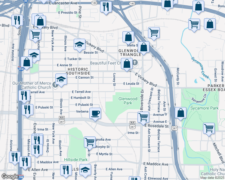 map of restaurants, bars, coffee shops, grocery stores, and more near 1510 East Leuda Street in Fort Worth