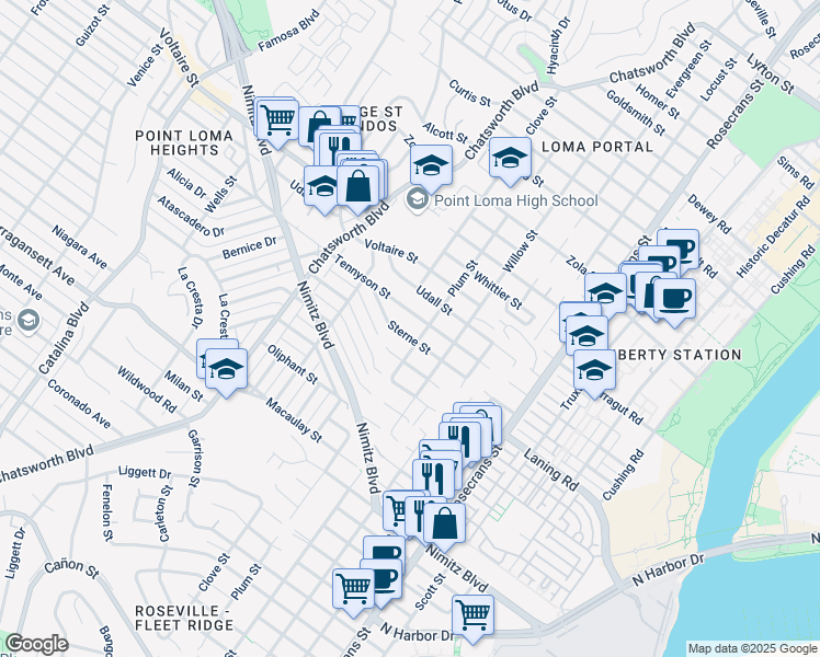 map of restaurants, bars, coffee shops, grocery stores, and more near 3422 Sterne Street in San Diego