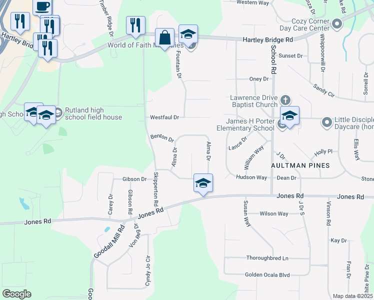 map of restaurants, bars, coffee shops, grocery stores, and more near 2025 Cutler Court in Macon