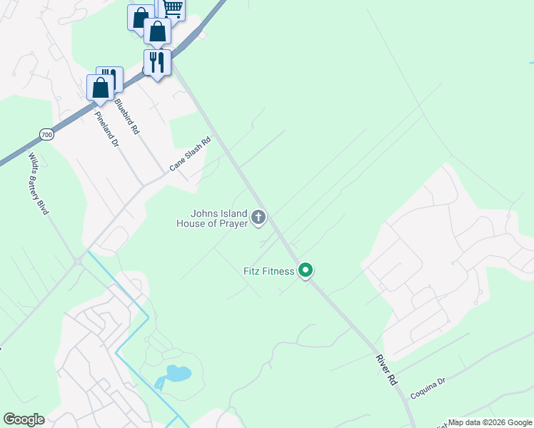 map of restaurants, bars, coffee shops, grocery stores, and more near River Road in Johns Island