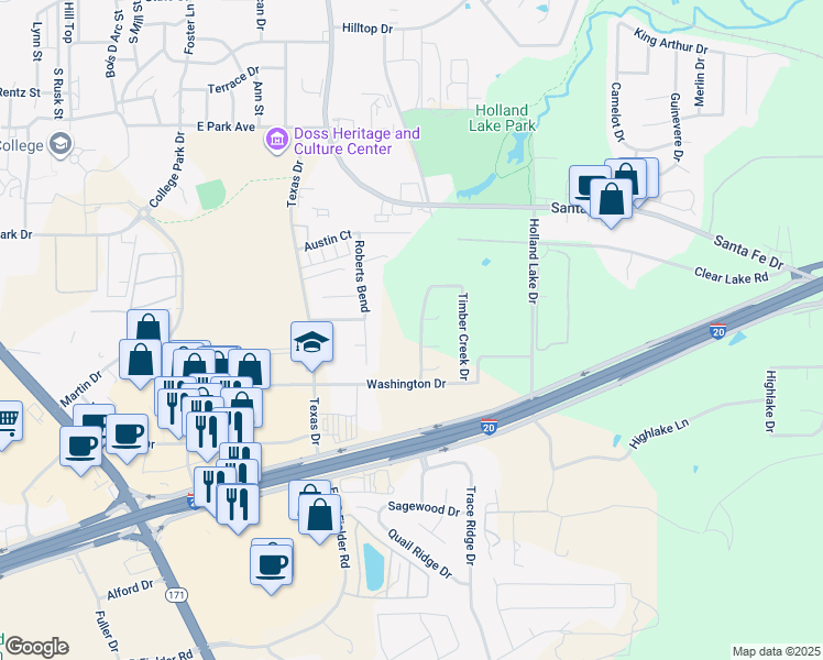 map of restaurants, bars, coffee shops, grocery stores, and more near 1125 Timber Creek Drive in Weatherford