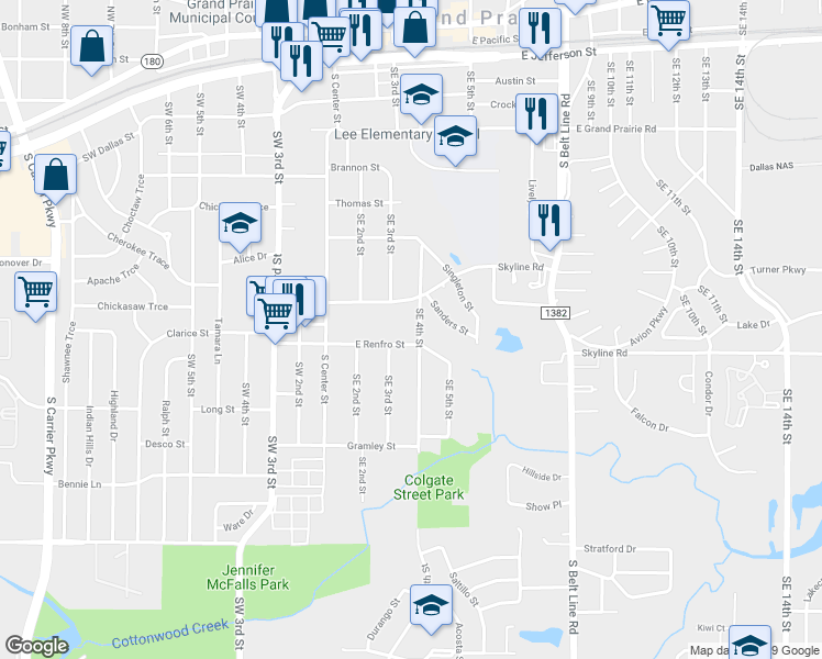 map of restaurants, bars, coffee shops, grocery stores, and more near 318 Renfro Street in Grand Prairie