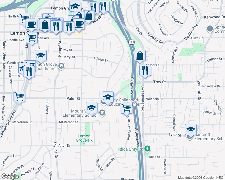 map of restaurants, bars, coffee shops, grocery stores, and more near 2843 Crane Street in Lemon Grove