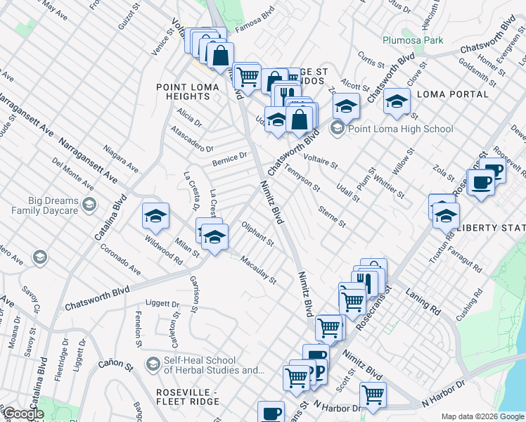 map of restaurants, bars, coffee shops, grocery stores, and more near 3636 Wawona Drive in San Diego